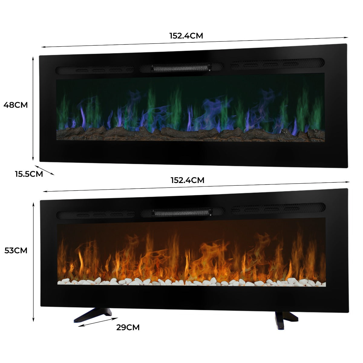 Cheminée électrique moderne de 152 cm avec flammes colorées vertes et bleues, cadre noir élégant et pierres décoratives blanches
