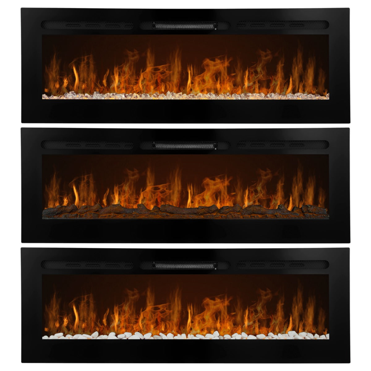 Cheminée électrique moderne de 152 cm avec flammes réalistes, pierres décoratives blanches et cadre noir élégant