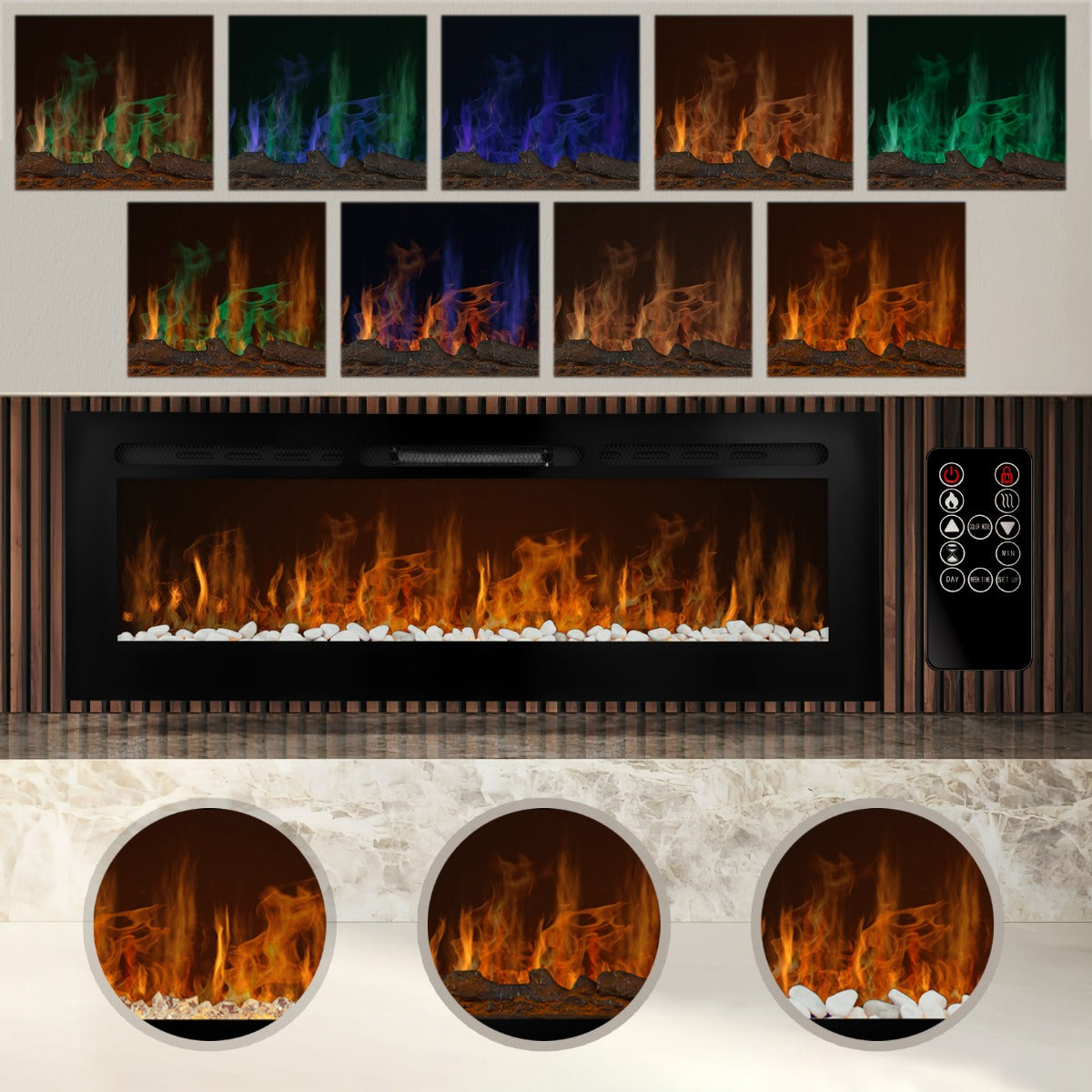 Cheminée électrique moderne de 152 cm avec flammes colorées, pierres blanches, et télécommande sur un fond en marbre élégant