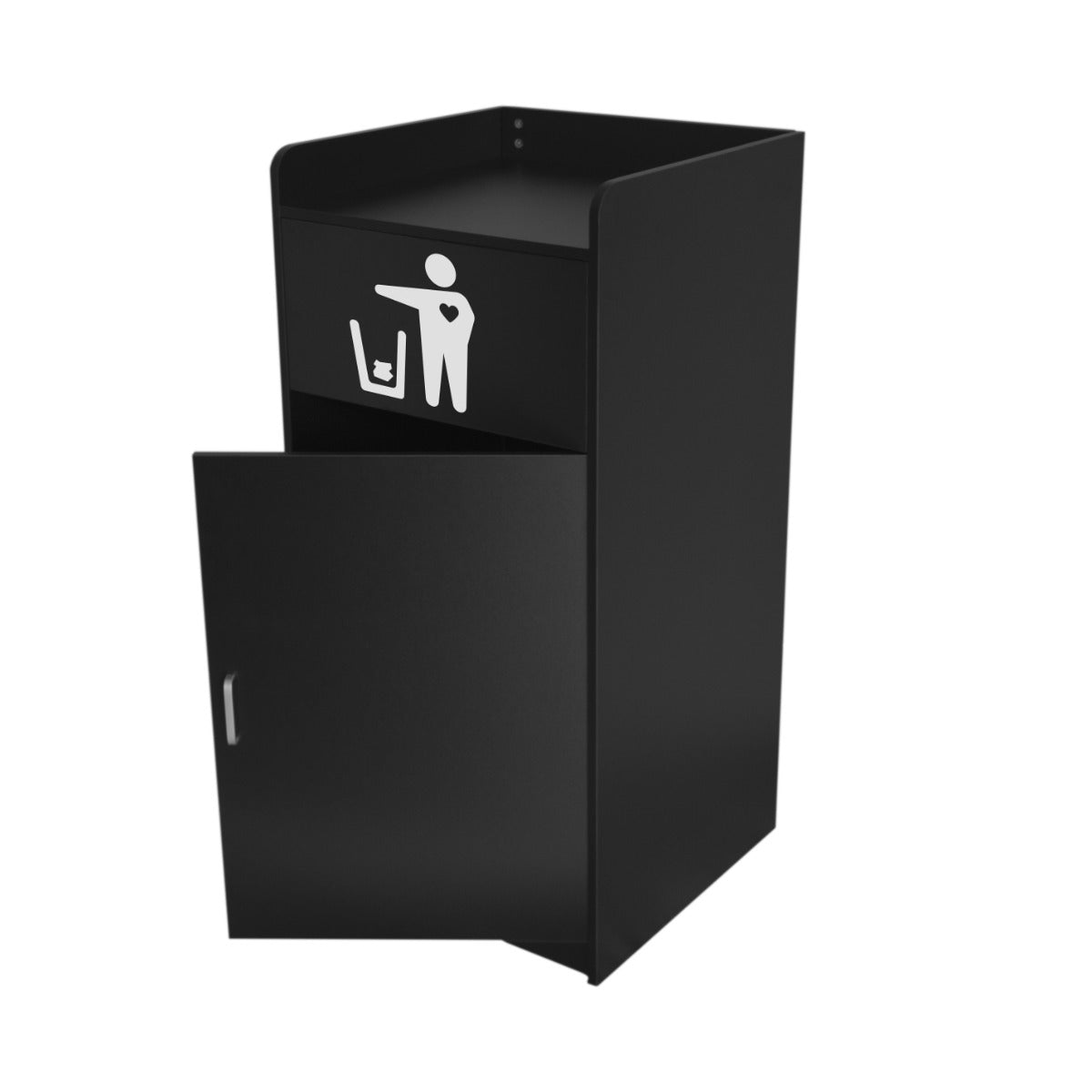 Poubelle porte-plateau de 100 L en métal noir, avec une porte avant et un symbole de tri des déchets en blanc