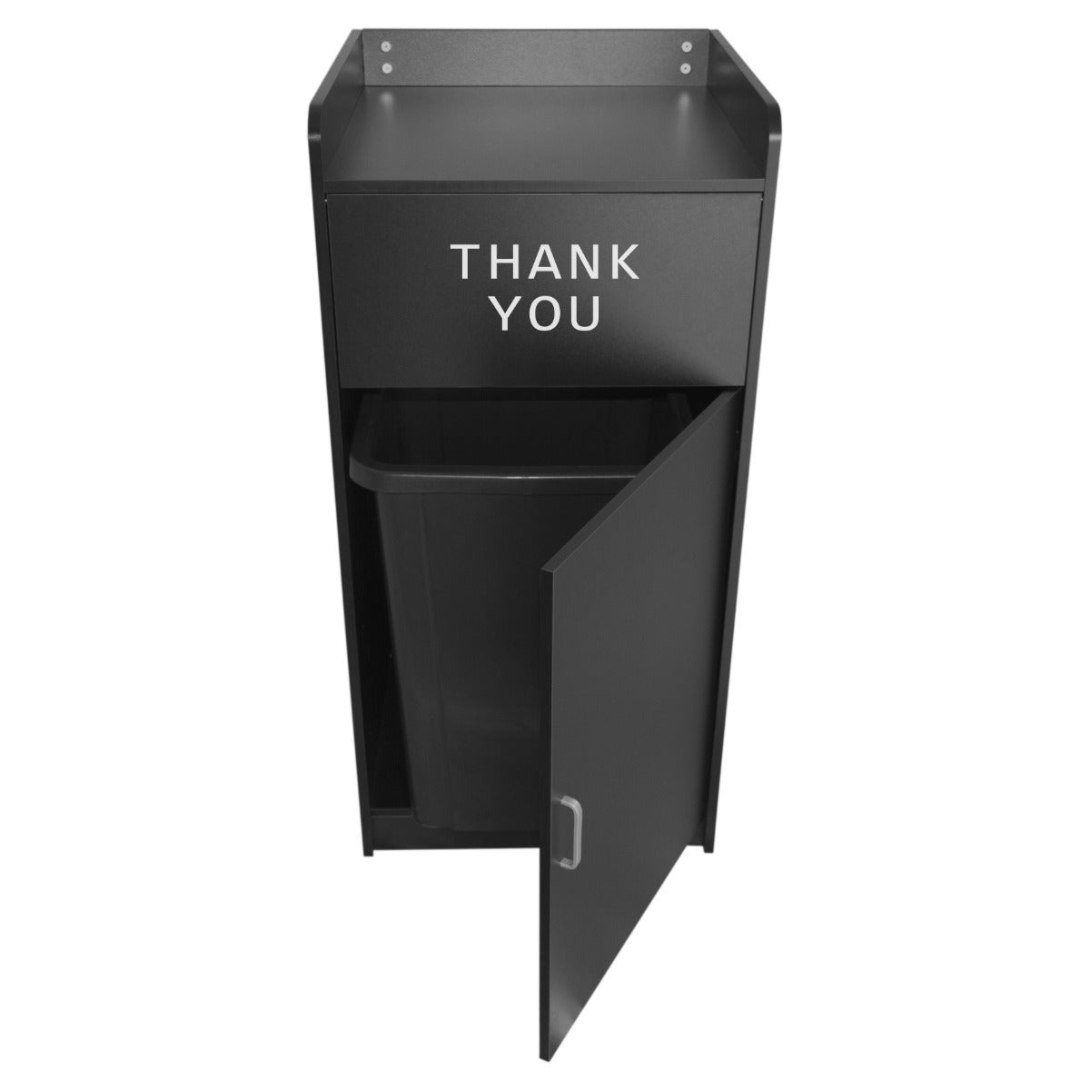 Poubelle porte-plateau noire de 100 L avec un design moderne, ouverture frontale et inscription "THANK YOU" en blanc