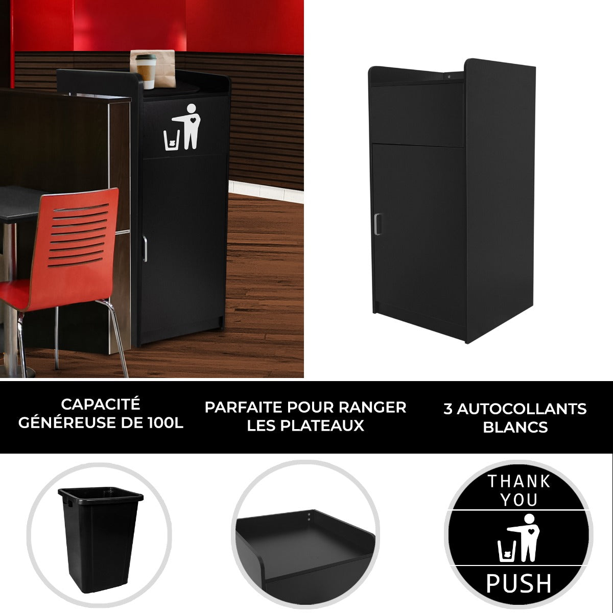 Poubelle porte-plateau noire de 100 L, design moderne, finition lisse, idéale pour ranger les plateaux, avec autocollants blancs inclus