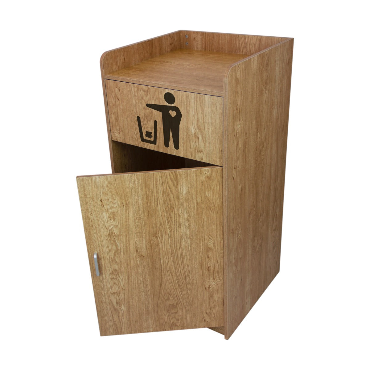 Poubelle porte-plateau en chêne de 100 L avec finition bois, design moderne, porte battante et symbole de tri des déchets