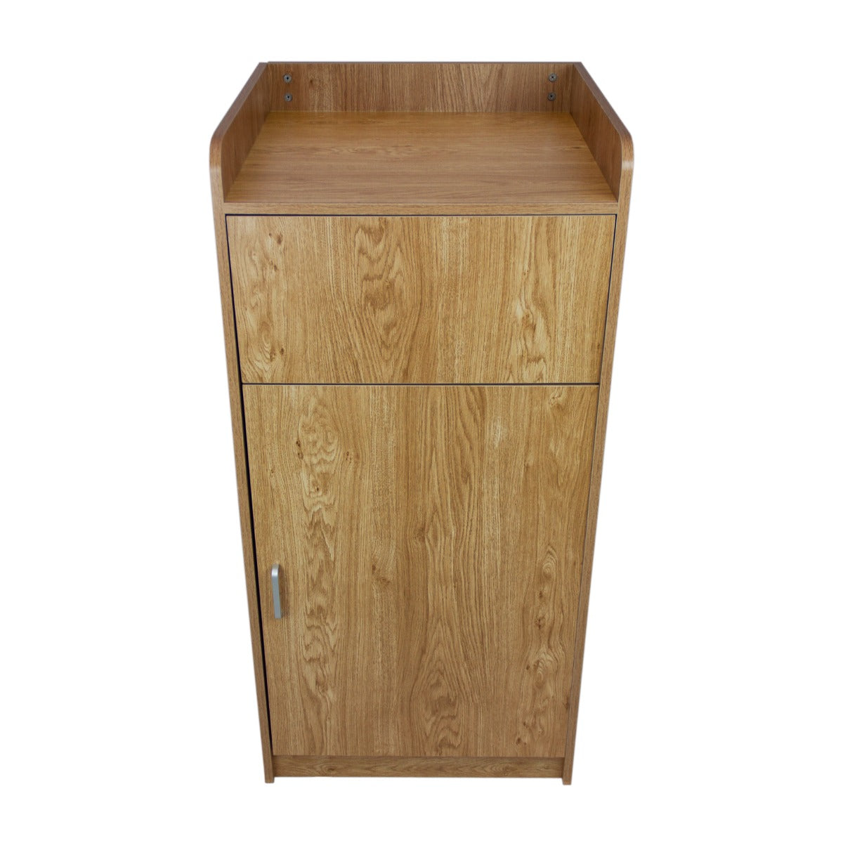 Poubelle porte-plateau en chêne clair, finition texturée, avec un tiroir et une porte, design moderne et fonctionnel pour un rangement pratique