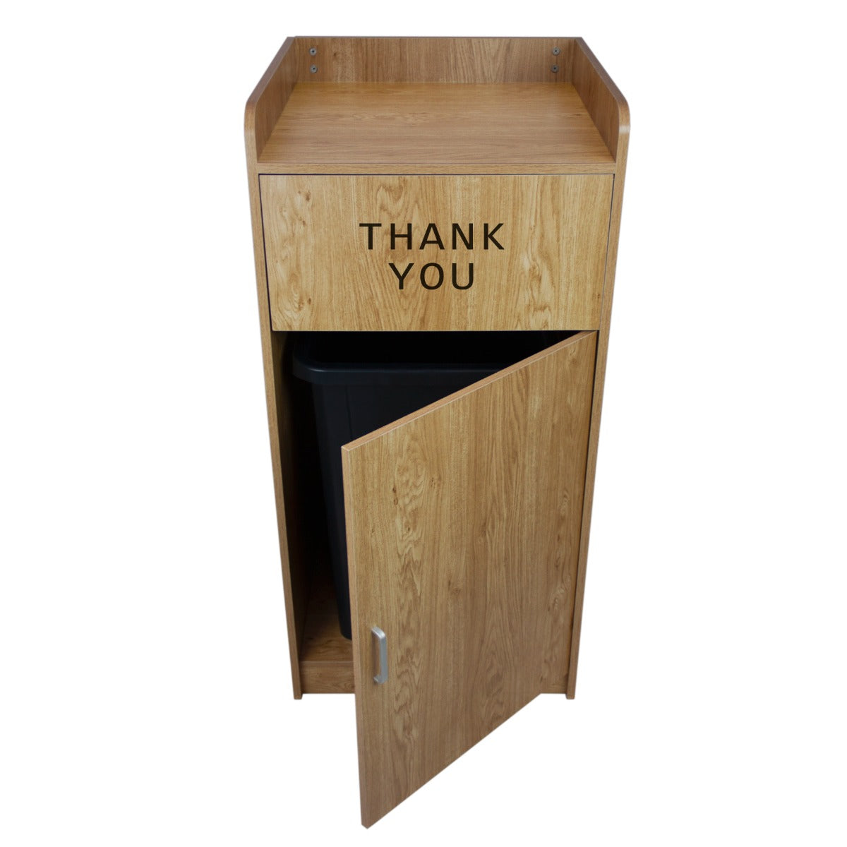 Poubelle porte-plateau de 100 L en chêne, finition bois clair, avec tiroir et inscription "THANK YOU", design moderne et pratique