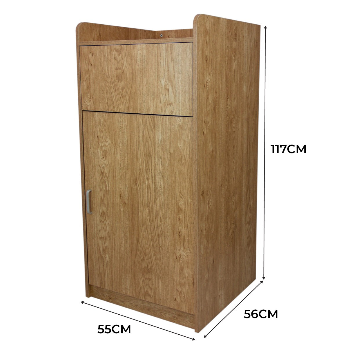 Poubelle porte-plateau en chêne, finition bois clair, dimensions 117 cm de hauteur, 55 cm de largeur, 56 cm de profondeur, design moderne et épuré