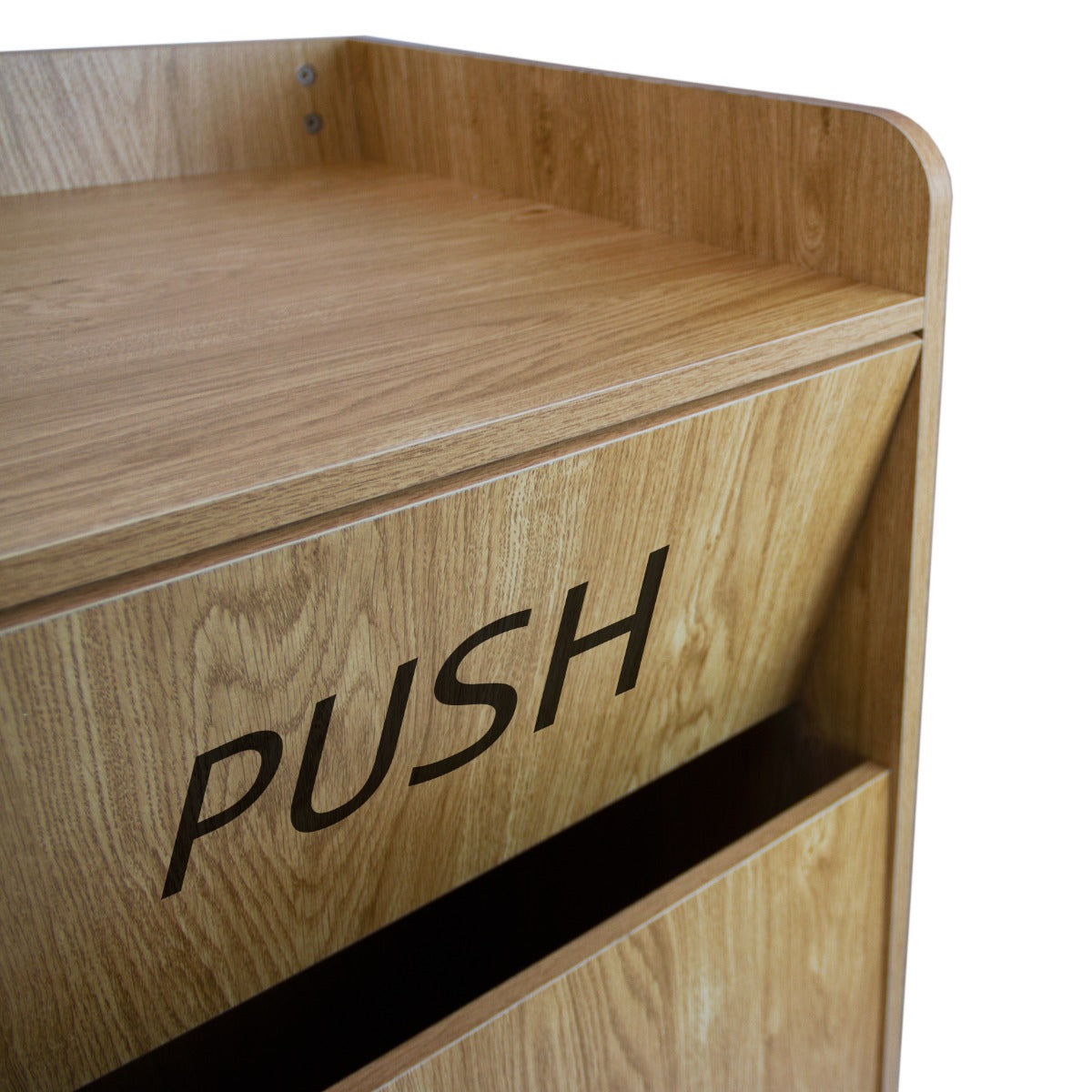 Poubelle porte-plateau en chêne clair, finition texturée, avec un compartiment supérieur marqué "PUSH" pour un accès facile