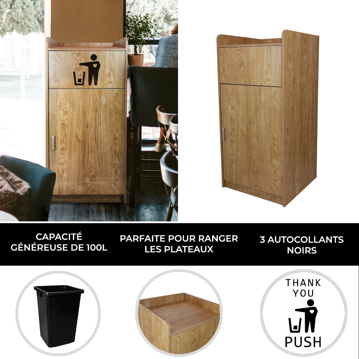 Poubelle porte-plateau en chêne clair de 100 L, avec un design moderne et une finition lisse, idéale pour ranger les plateaux