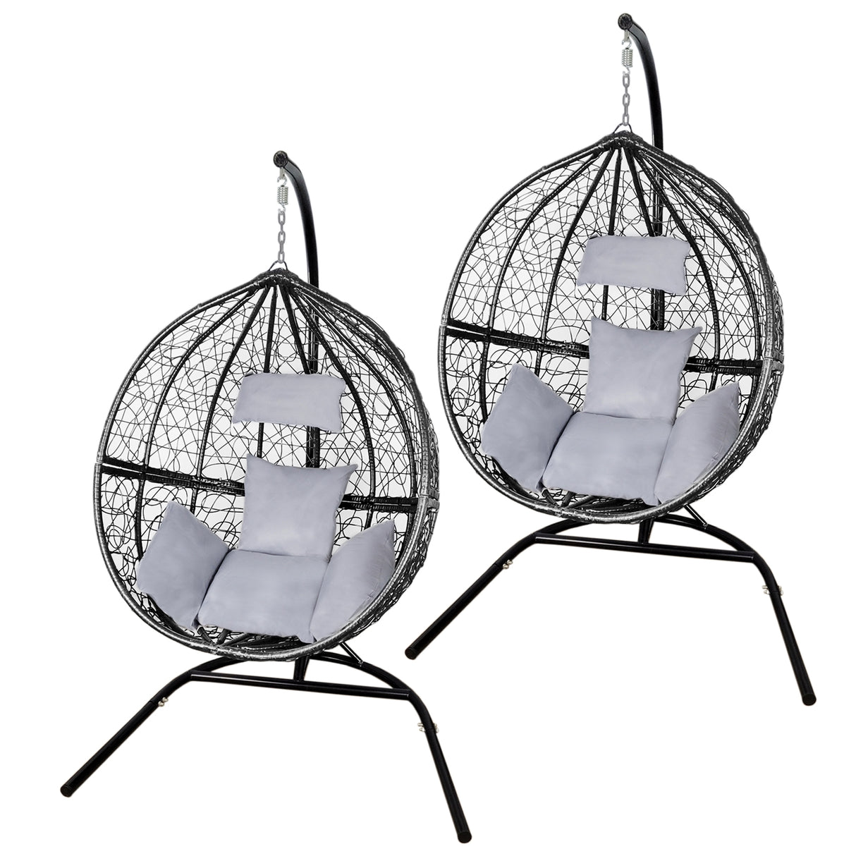 Chaises suspendues en rotin noir avec coussins gris, en forme d'œuf, suspendues par des chaînes, design moderne et confortable