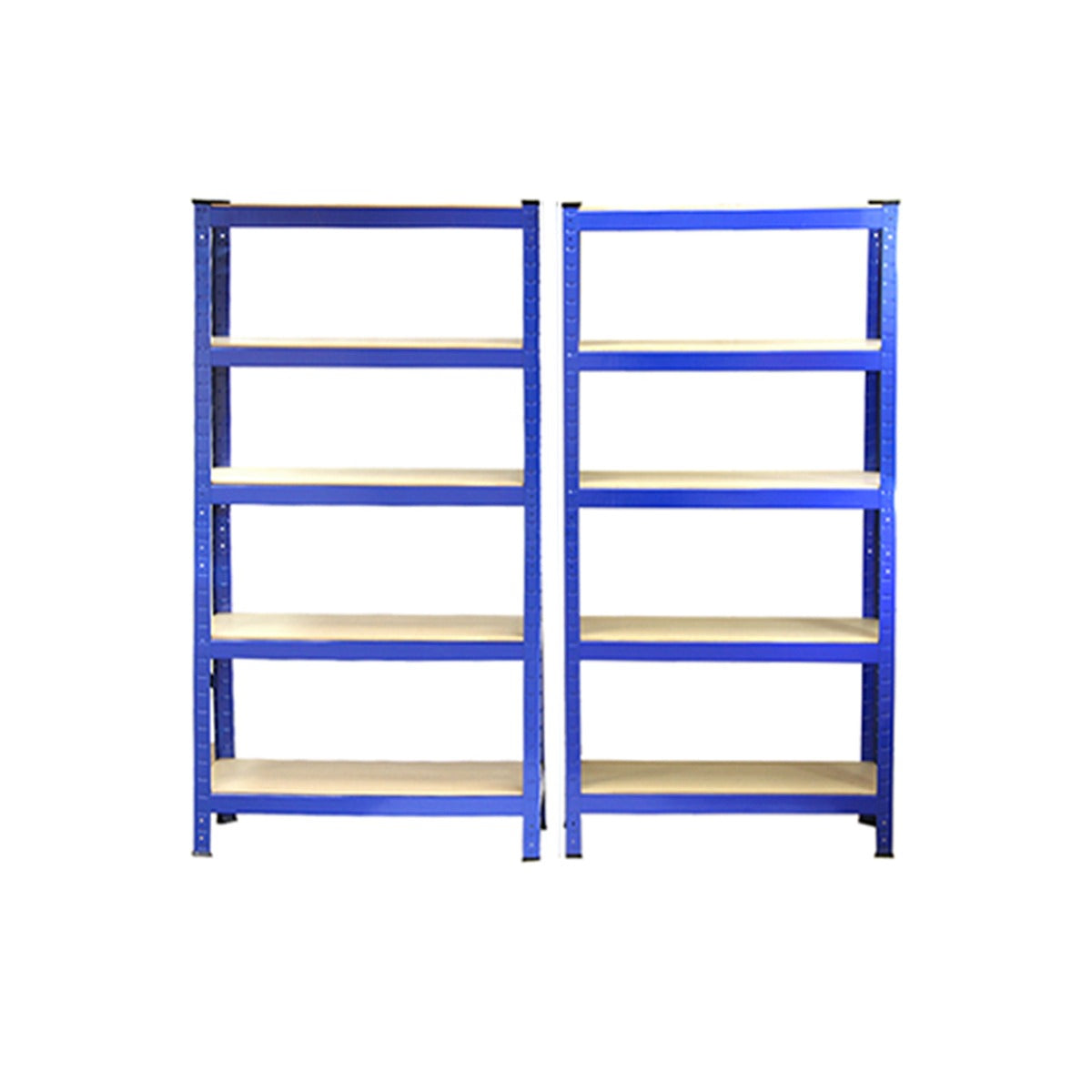 Rayonnages T-Rax en acier bleu, dimensions 75cm x 30cm x 150cm, avec étagères en bois clair, robustes et modernes
