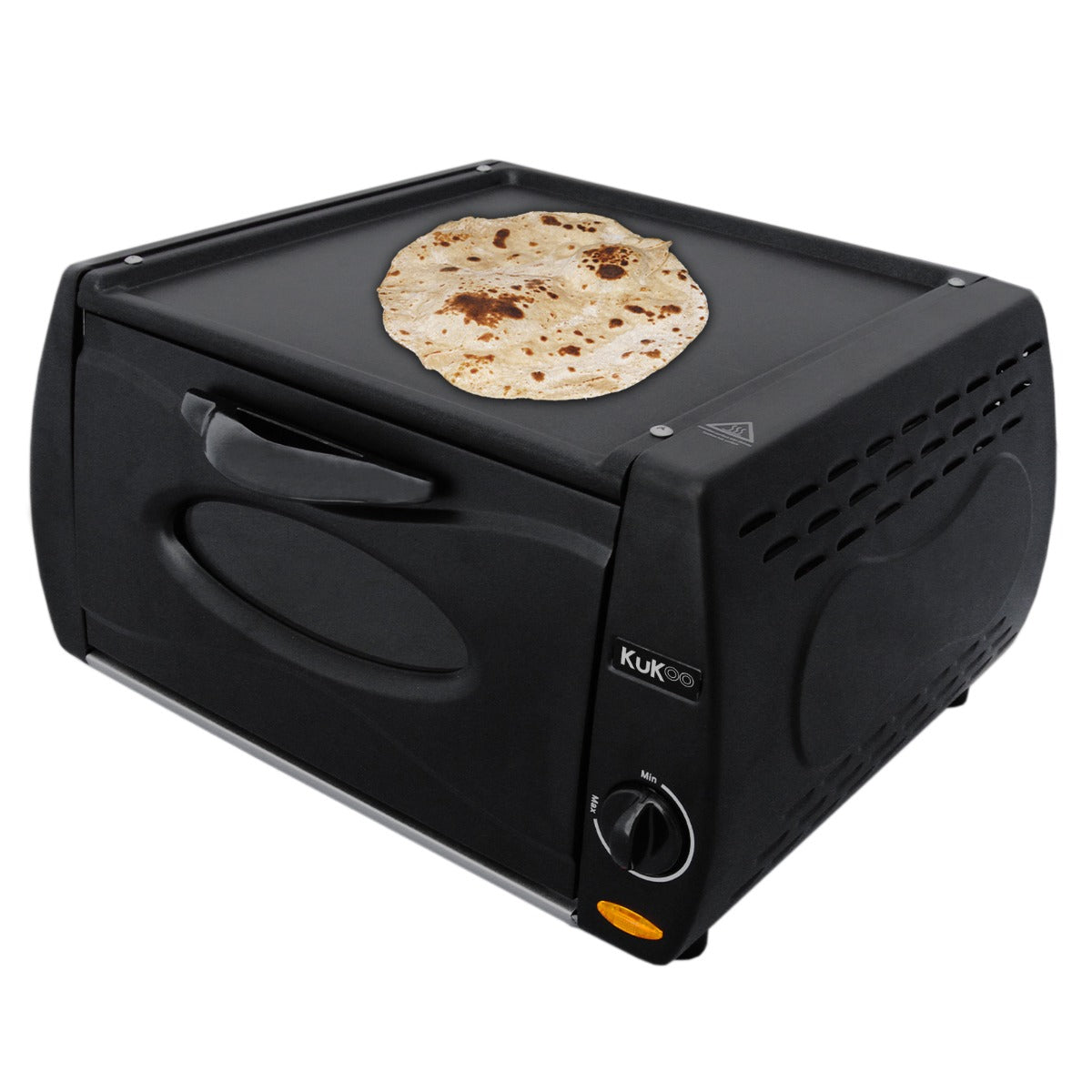 Mini four Tandoor KuKoo noir avec une galette dorée sur la plaque, boutons de contrôle en orange et design compact et moderne