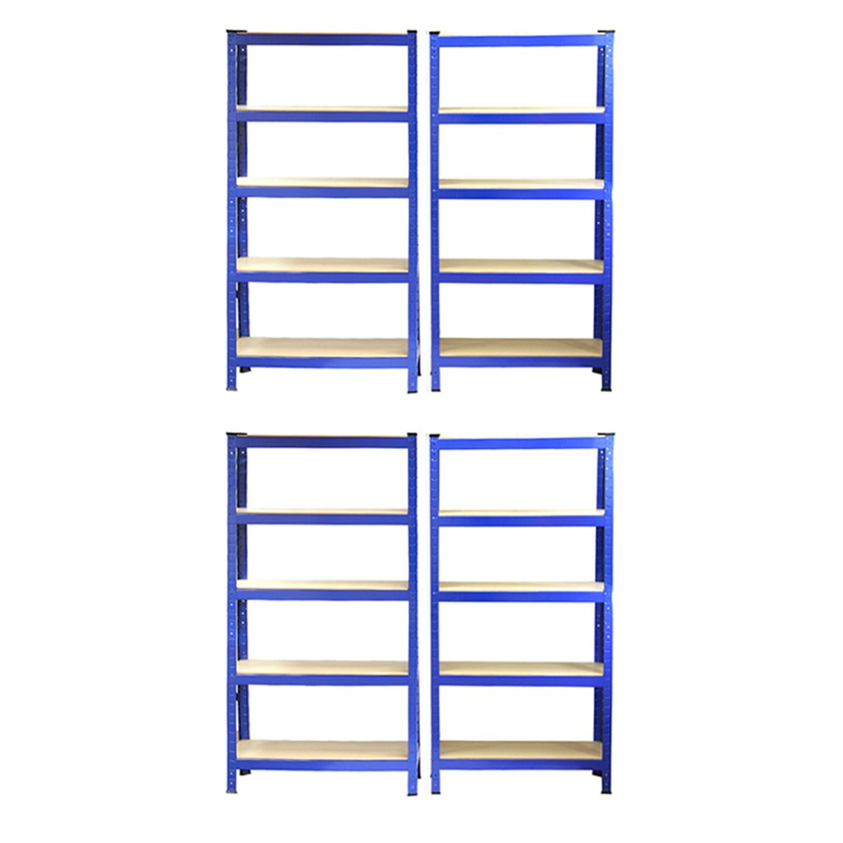 Rayonnages T-Rax en acier bleu, quatre unités, dimensions 75cm x 30cm x 150cm, étagères robustes avec finition lisse et moderne