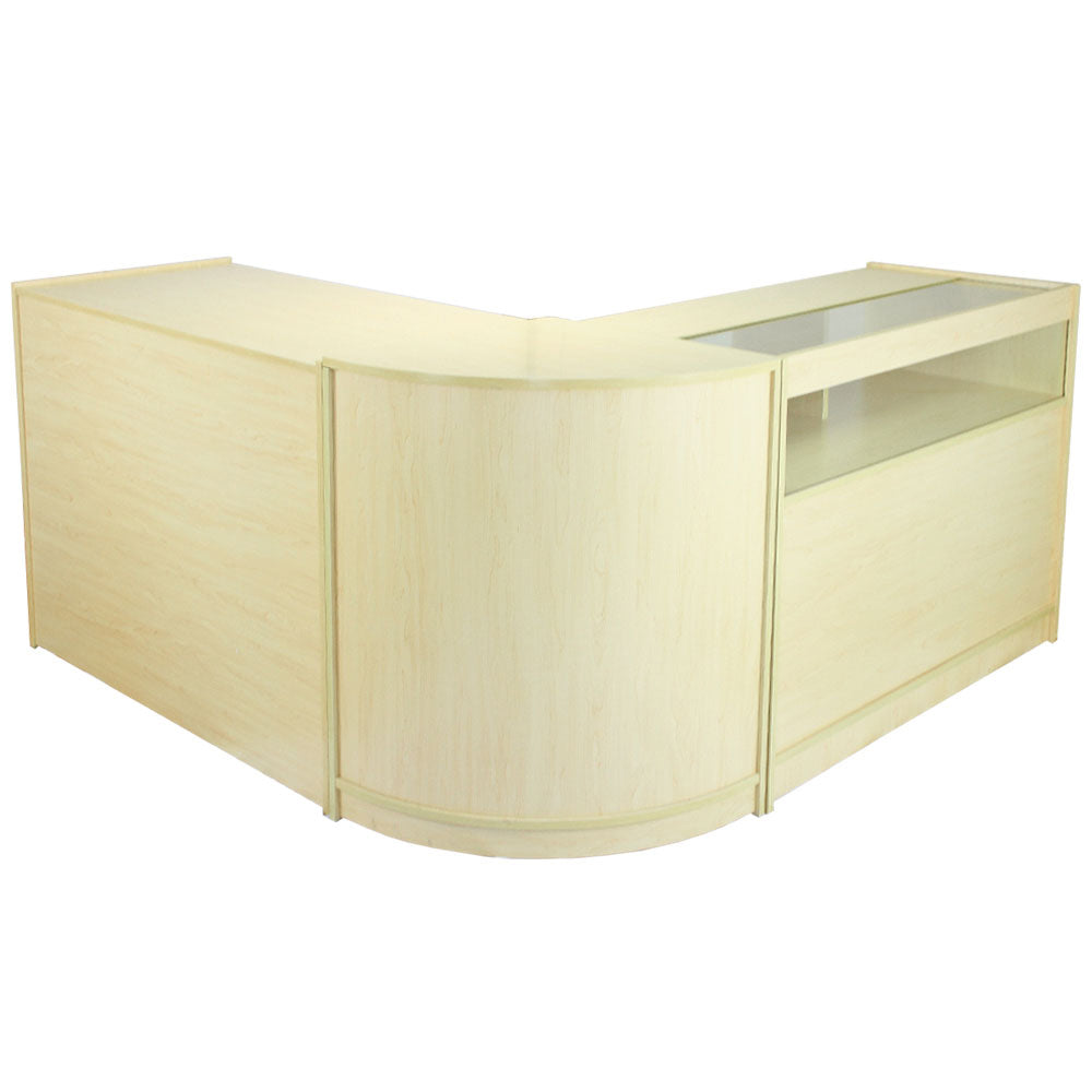 Comptoir de vente en érable clair, forme en L, surface lisse, avec vitrine intégrée et finitions modernes, idéal pour boutiques