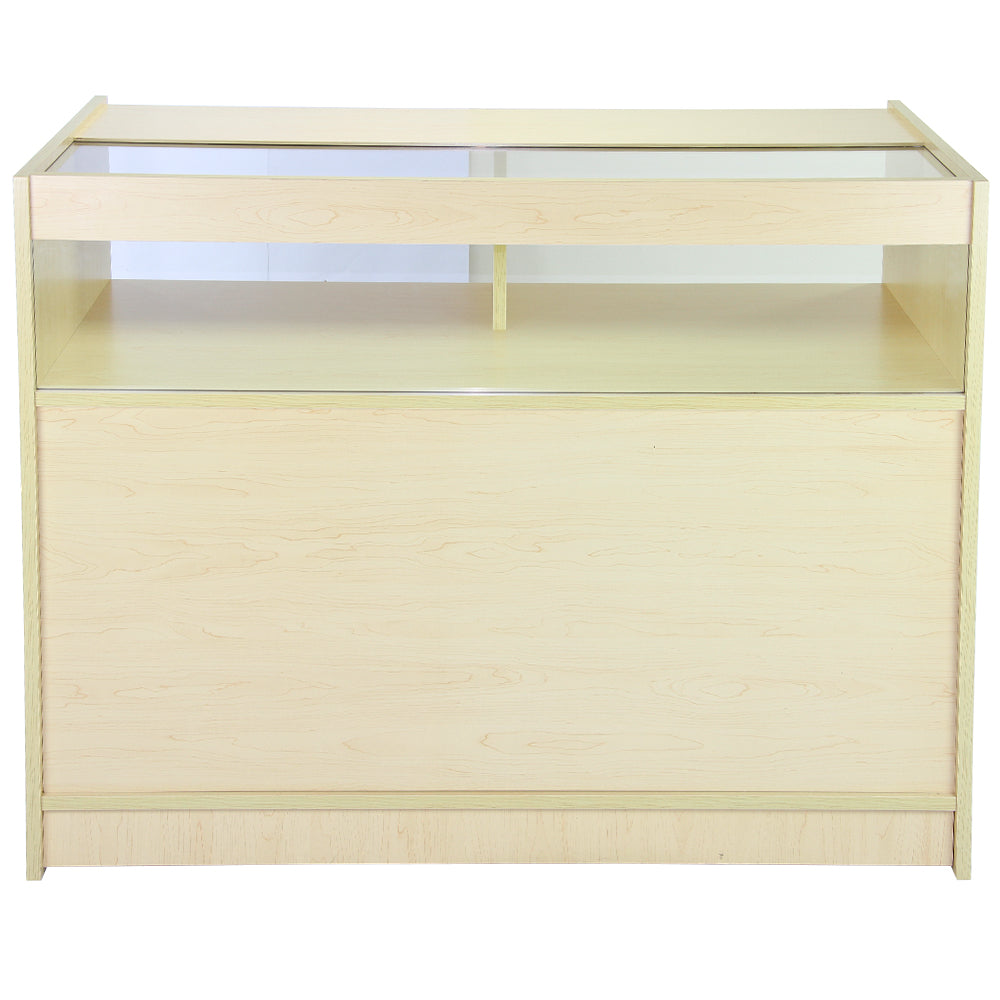 Comptoir de vente Scorpion en érable clair, surface lisse et brillante, avec vitrine en verre et design moderne et épuré
