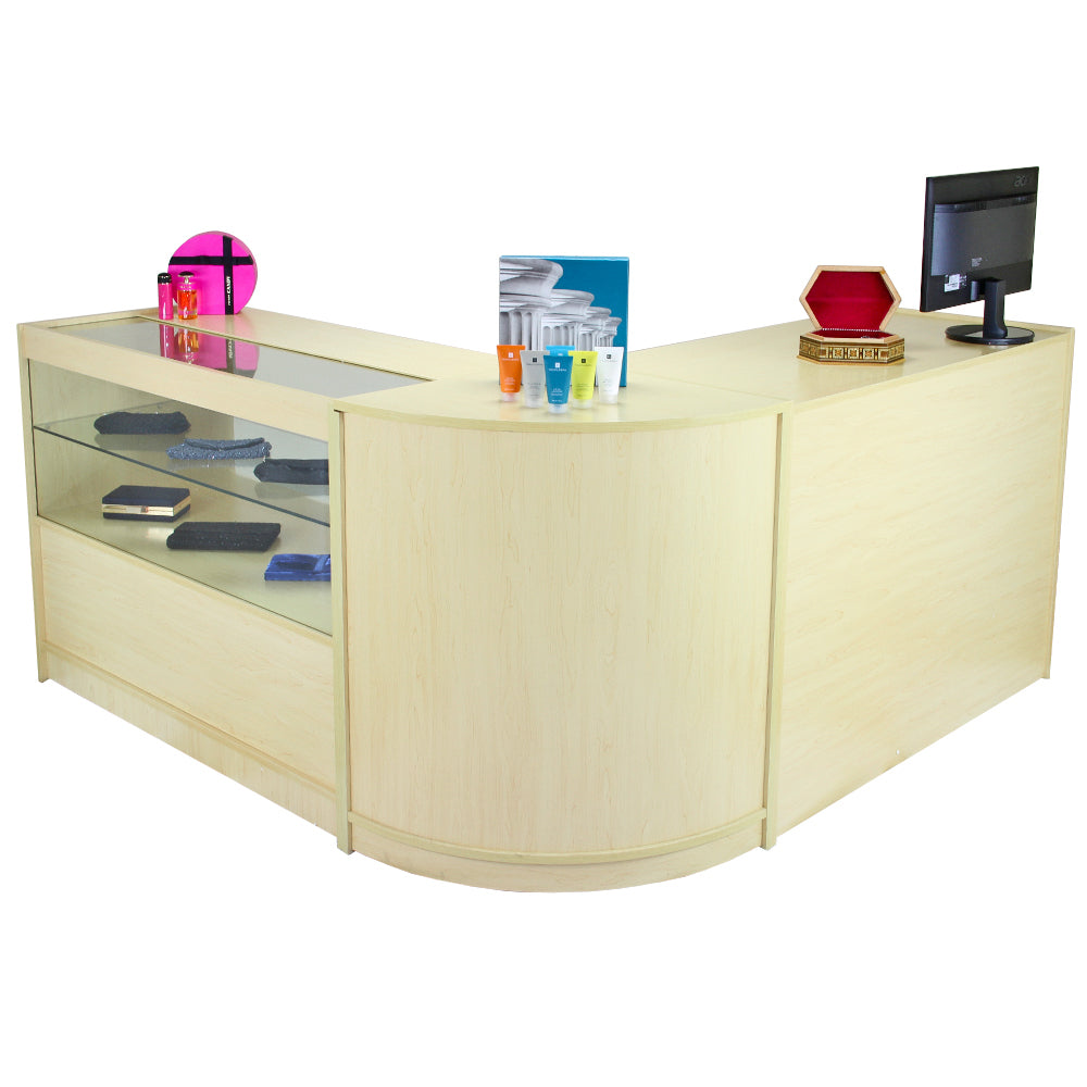 Comptoir de vente en érable clair, forme incurvée, avec vitrine en verre, décoré de verres colorés et d'un écran de caisse