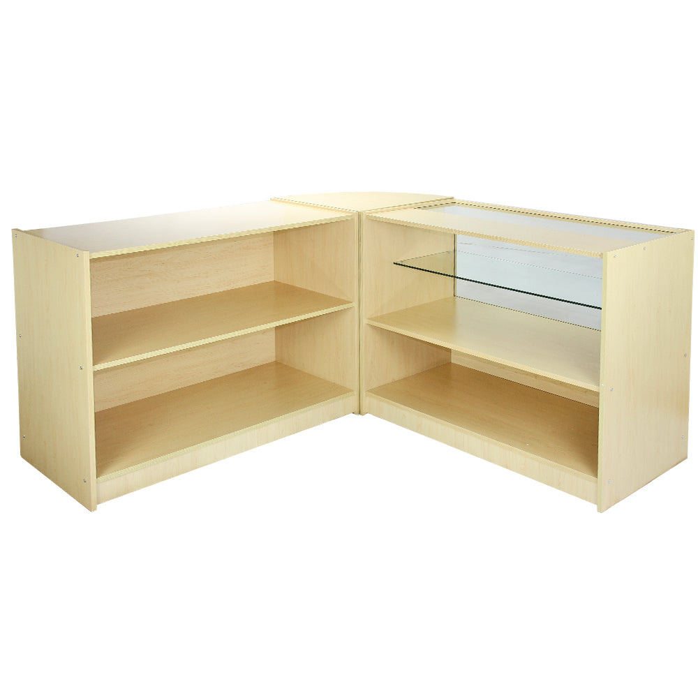 Comptoirs de vente en érable clair avec étagères ouvertes et vitrine en verre, design moderne et épuré, parfait pour les espaces commerciaux