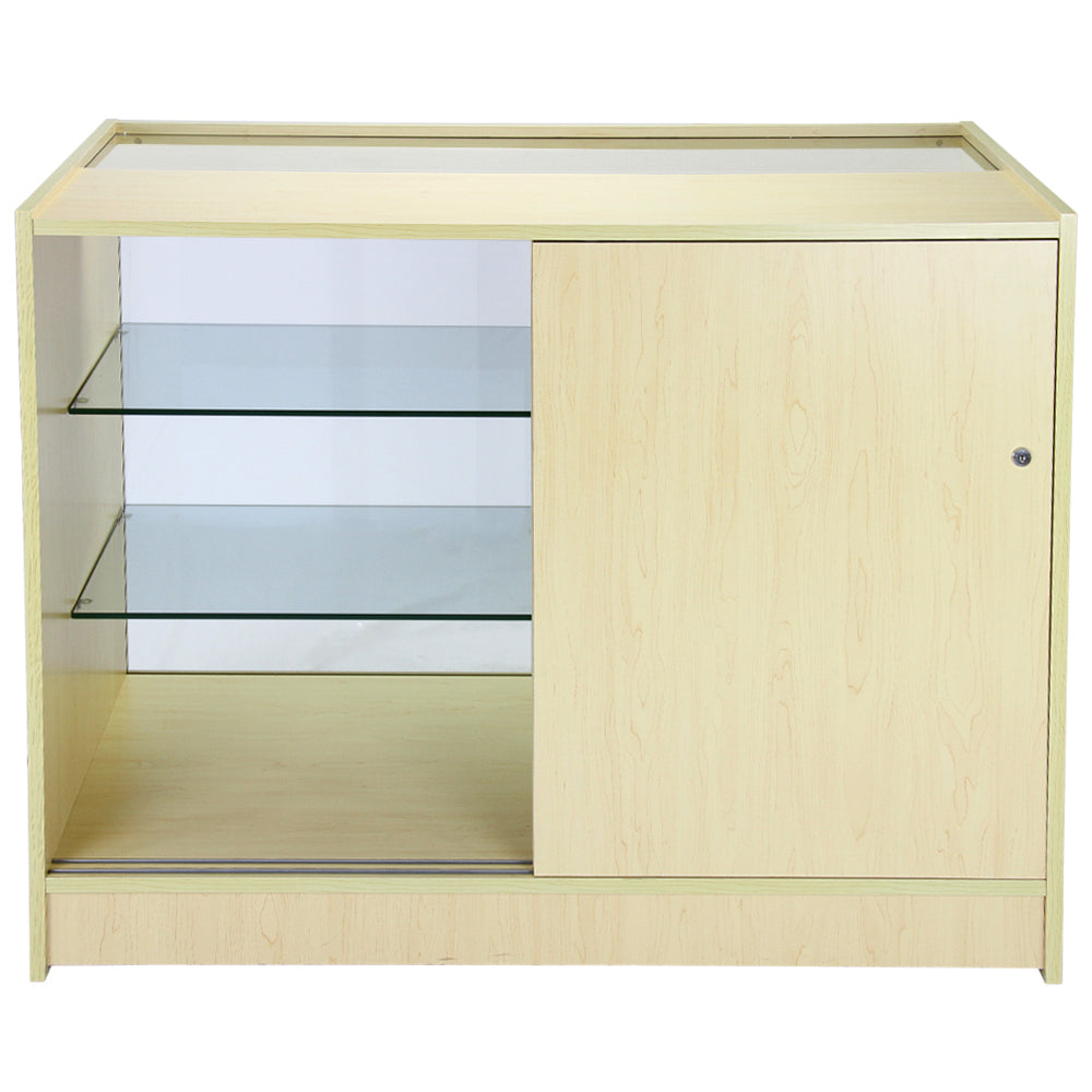 Ensemble de comptoirs de vente Saturn en érable clair, avec portes coulissantes, étagères en verre et finition lisse et moderne