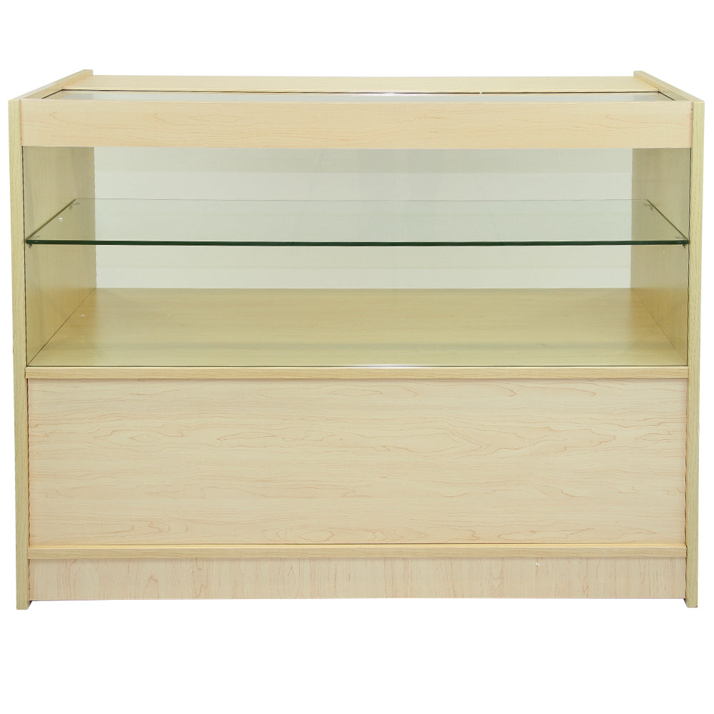 Vitrine en érable clair C1200 avec étagères en verre, design moderne et épuré, idéale pour exposer des produits en magasin