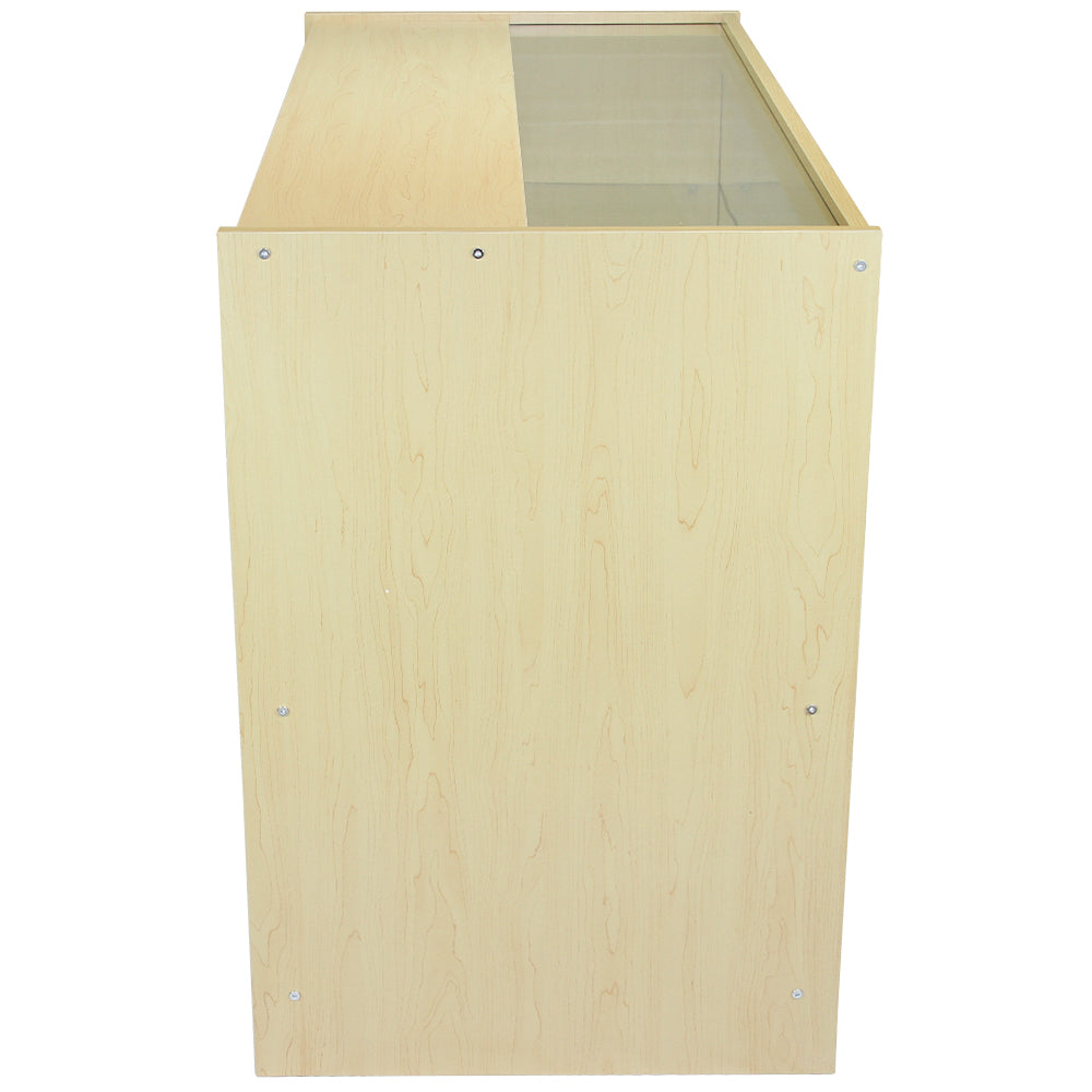 Comptoir de vente en érable clair C1200, surface lisse, design moderne, avec un espace vitré pour exposer des produits