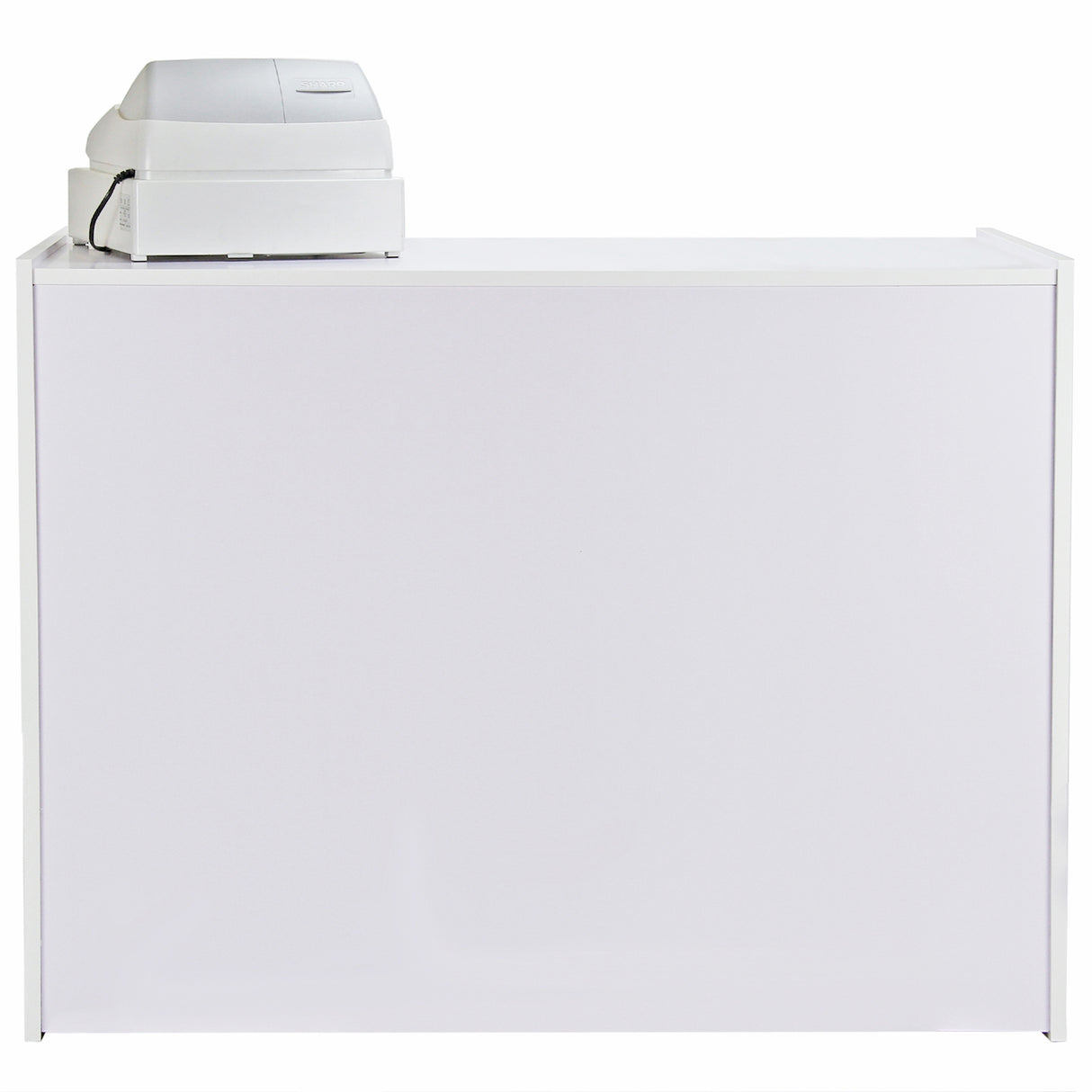 Comptoir de vente blanc A1200 avec surface lisse et moderne, équipé d'une caisse enregistreuse blanche sur le dessus