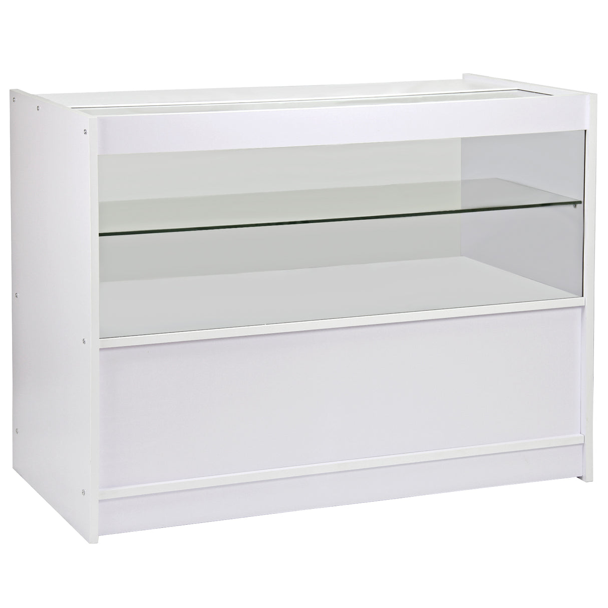 Comptoir de vente blanc C1200 avec finition lisse, surface en verre transparent, design moderne et épuré, idéal pour exposer des produits