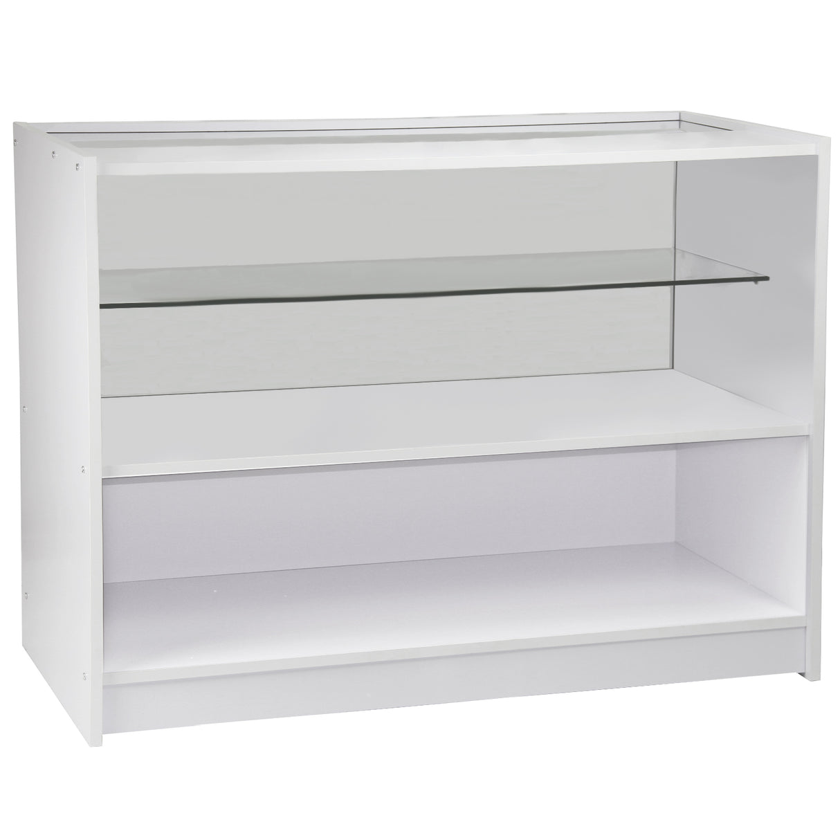 Comptoir de vente blanc C1200 avec étagère en verre, finition lisse, design moderne et espace de rangement pratique en dessous