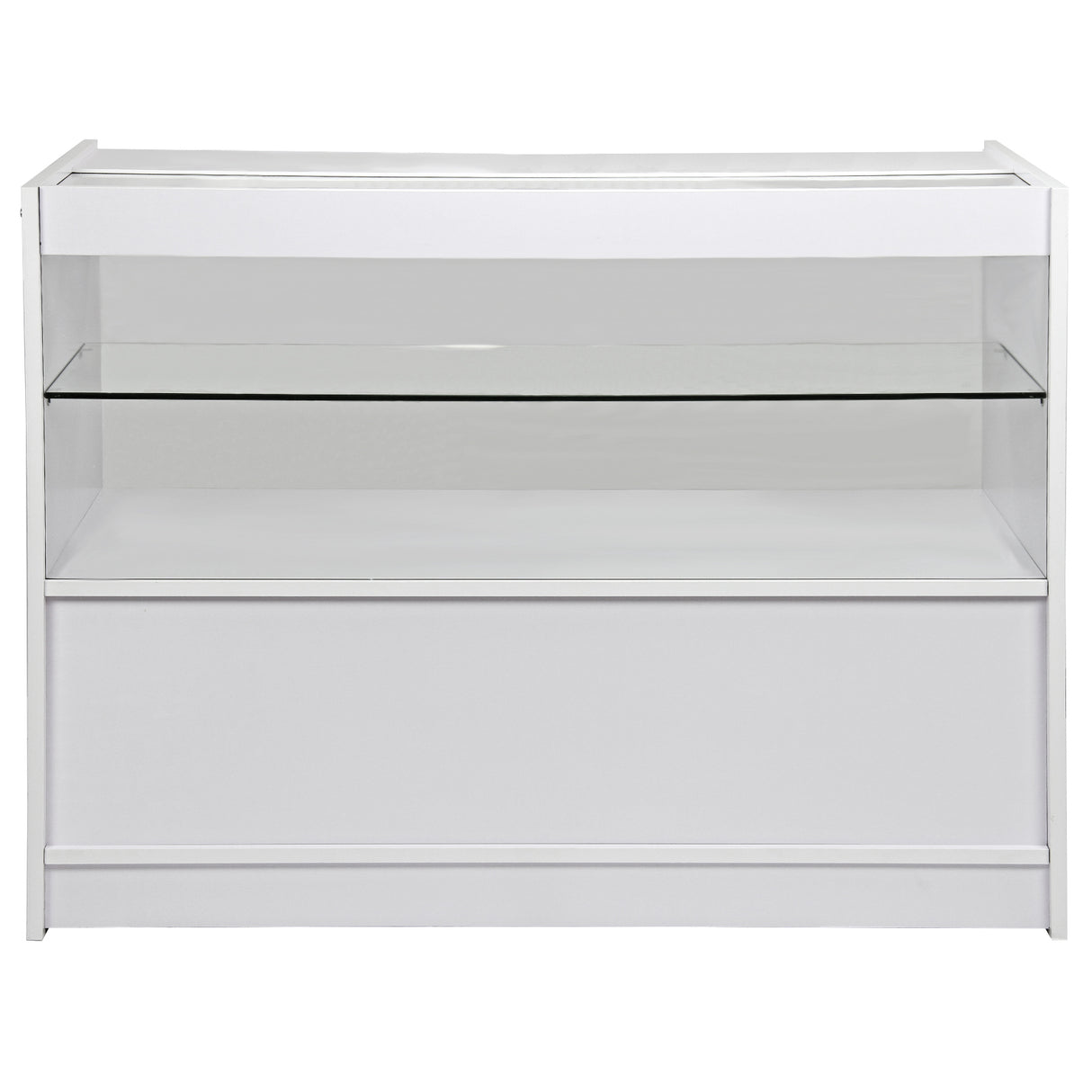 Comptoir de vente blanc C1200 avec surface lisse, étagère en verre transparent et design moderne, idéal pour exposer des produits
