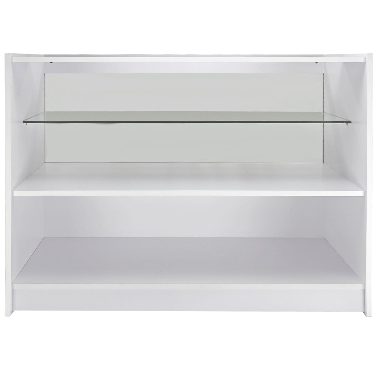 Comptoir de vente blanc C1200 avec étagère en verre, finition lisse, design moderne et épuré, idéal pour l'affichage de produits