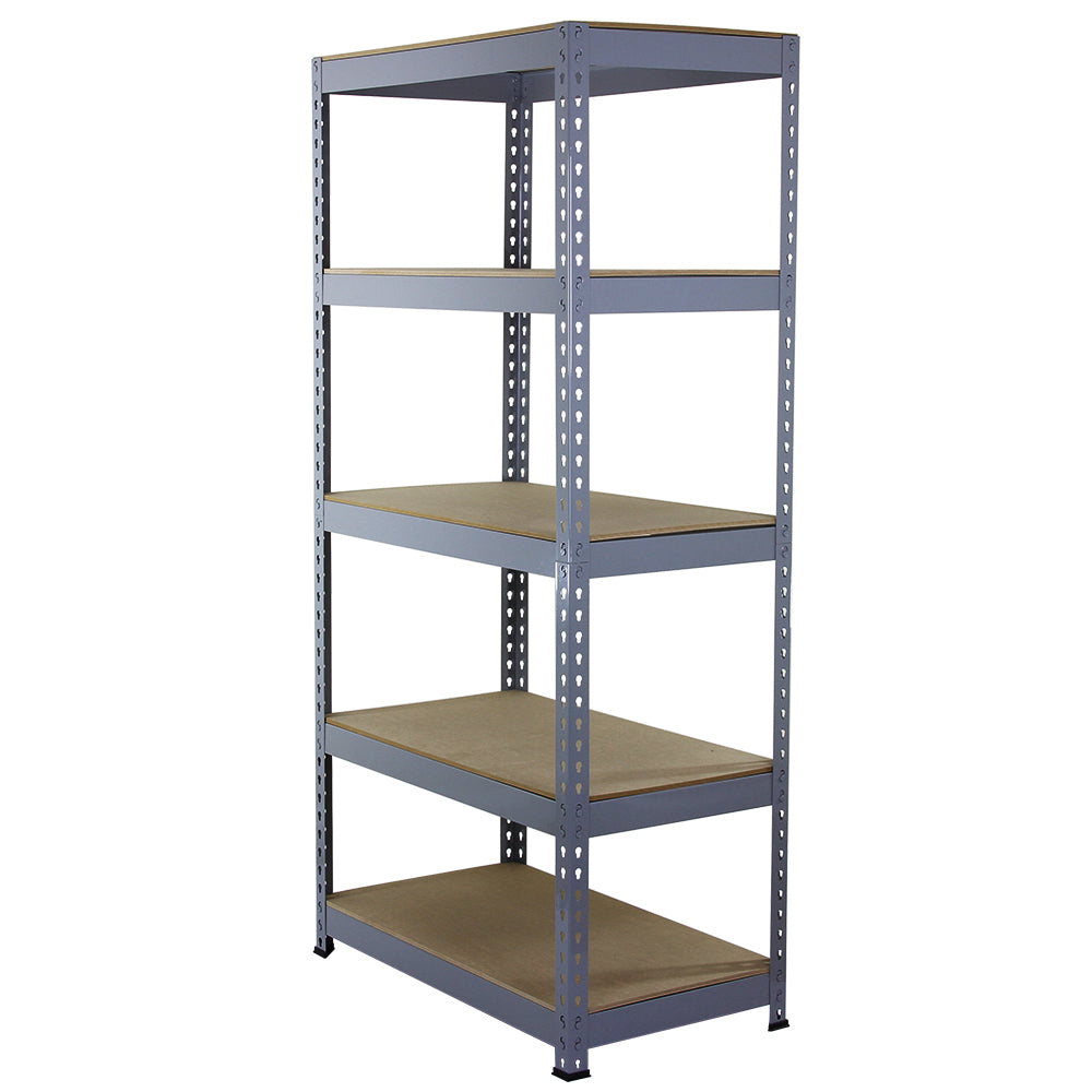 Rayonnage Q-Raxen en acier gris, dimensions 90cm x 50cm x 180cm, avec cinq étagères en bois, offrant une structure robuste et moderne