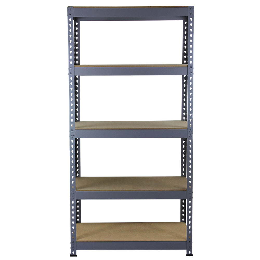 Rayonnage Q-Raxen en acier gris, dimensions 90cm x 50cm x 180cm, avec cinq étagères en bois, robuste et pratique pour le rangement