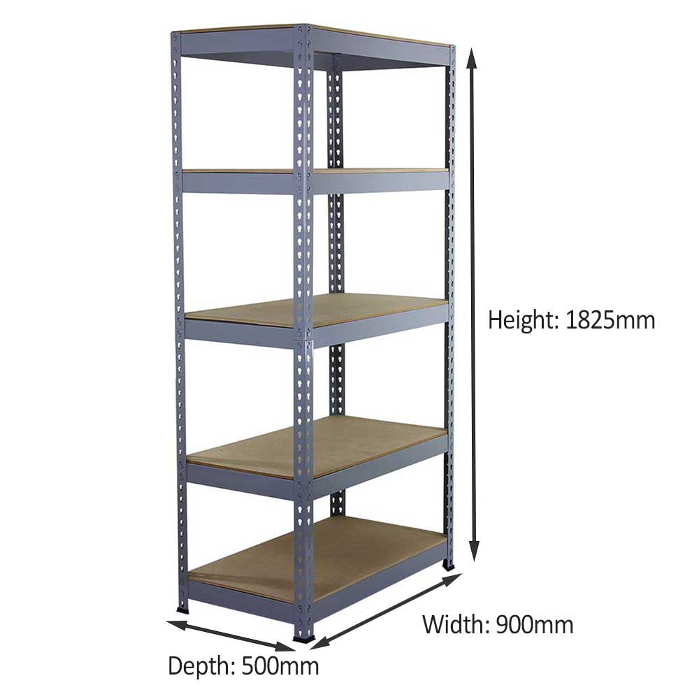 Rayonnage Q-Raxen en acier gris, dimensions 90cm x 50cm x 180cm, avec cinq étagères en bois, idéal pour le rangement robuste