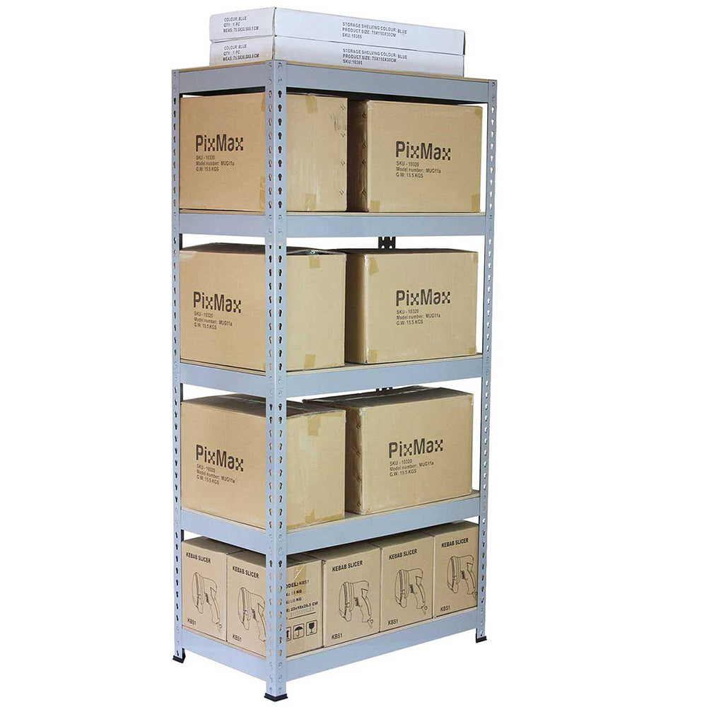 Rayonnage en acier gris de 90 cm x 50 cm x 180 cm, avec plusieurs étagères supportant des cartons empilés, offrant une solution de rangement robuste