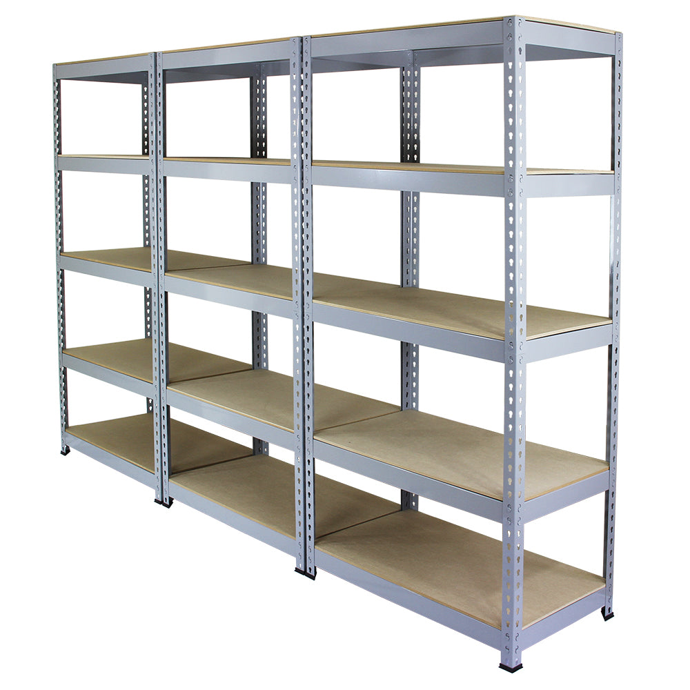 Rayonnage Q-Raxen en acier gris, dimensions 90cm x 50cm x 180cm, avec étagères en bois, idéal pour le rangement robuste et organisé