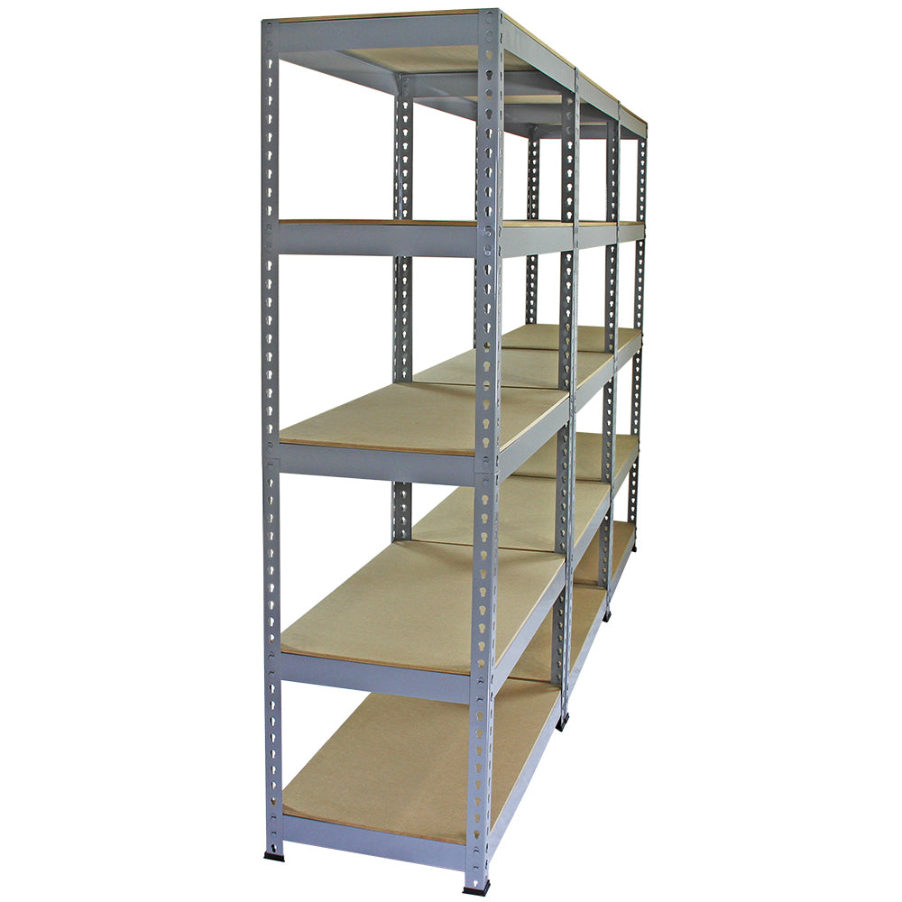 Rayonnage Q-Raxen en acier gris, dimensions 90cm x 50cm x 180cm, avec étagères en bois, conçu pour un rangement robuste et efficace