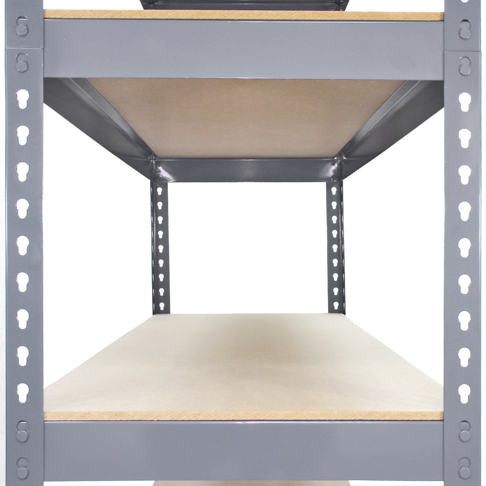 Rayonnage en acier gris avec étagères en bois, dimensions 90cm x 50cm x 182,5cm, offrant une structure robuste et fonctionnelle