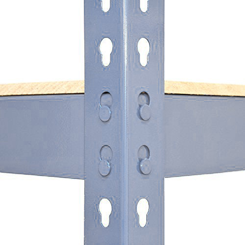 Rayonnage en acier gris avec étagères en bois, structure robuste, détails de fixation visibles, idéal pour le rangement organisé