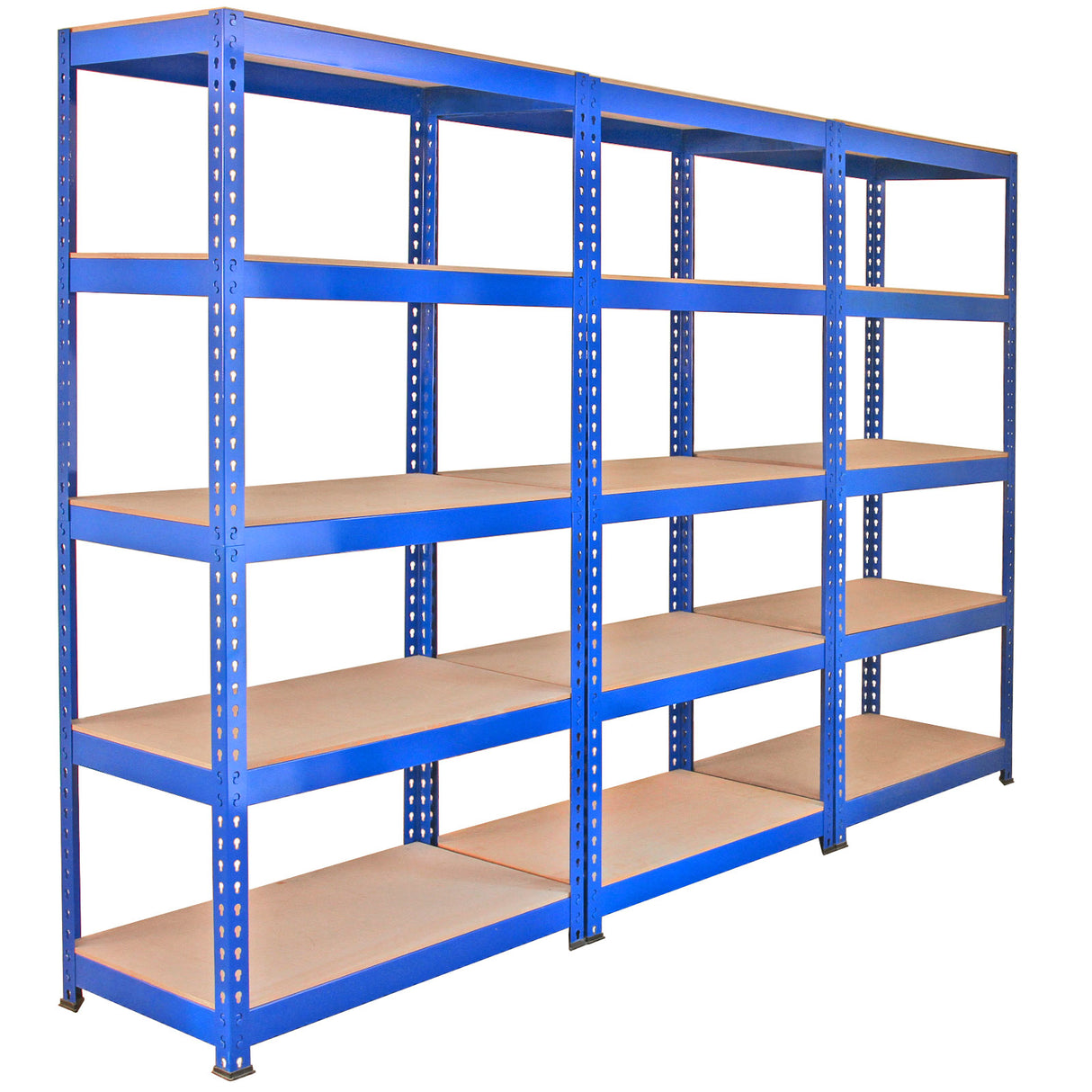 Rayonnages en acier bleu de 90 cm x 50 cm x 182,5 cm, avec étagères en bois, offrant une structure robuste et spacieuse pour le rangement