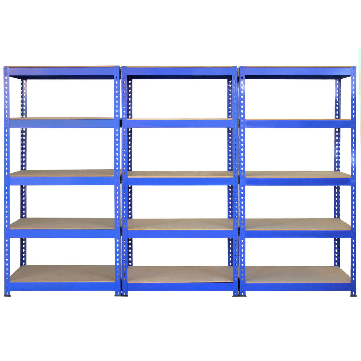 Rayonnages en acier bleu de 90 cm x 50 cm x 182,5 cm, avec étagères en bois, offrant une grande capacité de rangement et une structure robuste