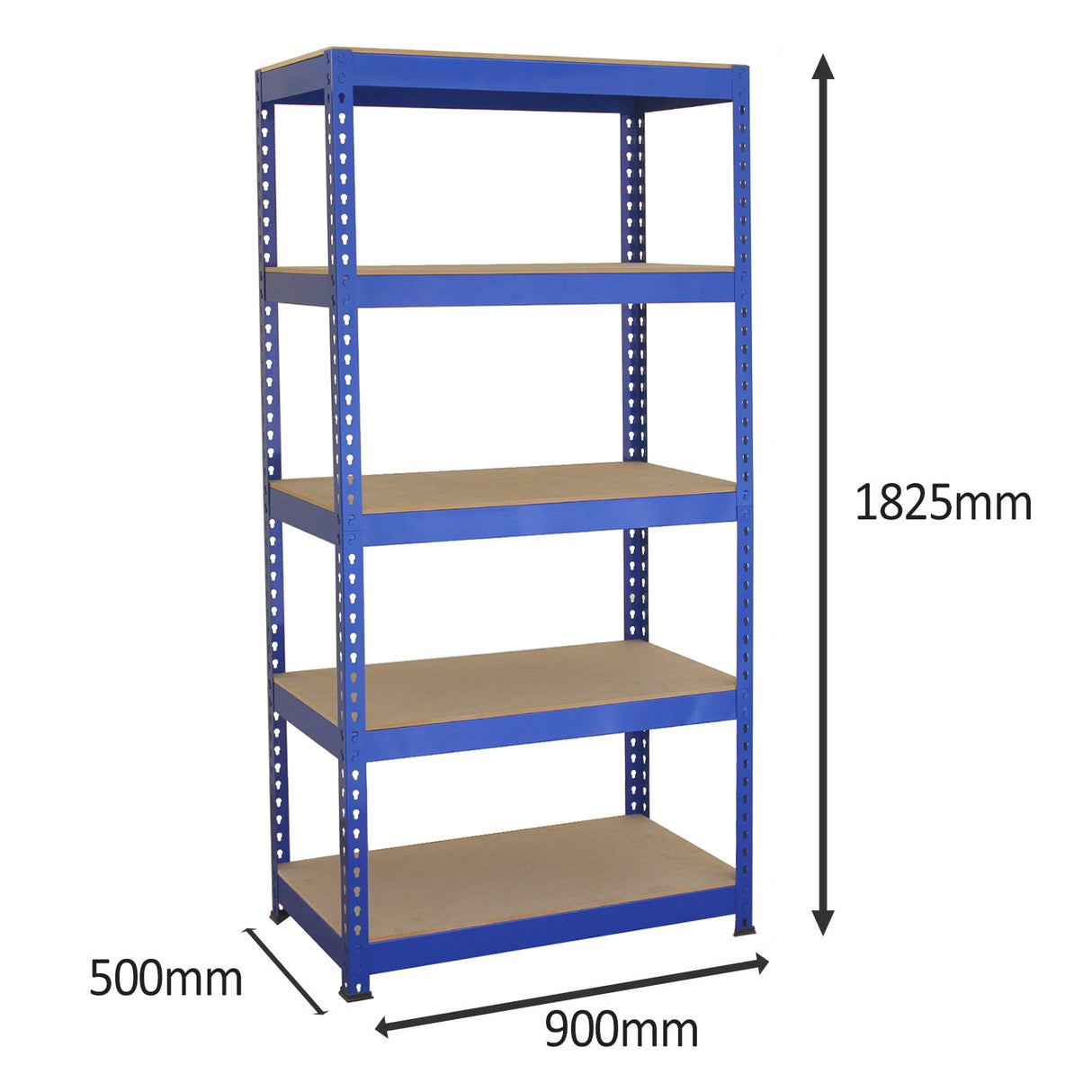 Rayonnage en acier bleu, dimensions 90 cm x 50 cm x 182,5 cm, avec cinq étagères robustes et une finition lisse et durable