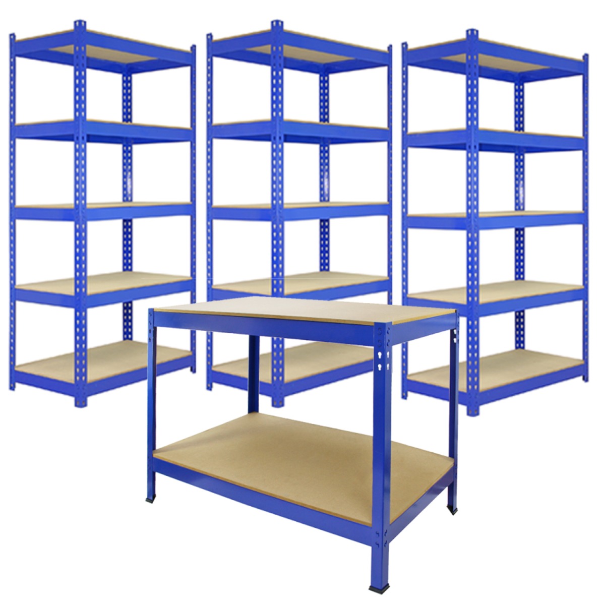 Rayonnages en acier bleu de 90 cm avec étagères en bois, accompagnés d'un établi de travail robuste, idéal pour le rangement et l'organisation