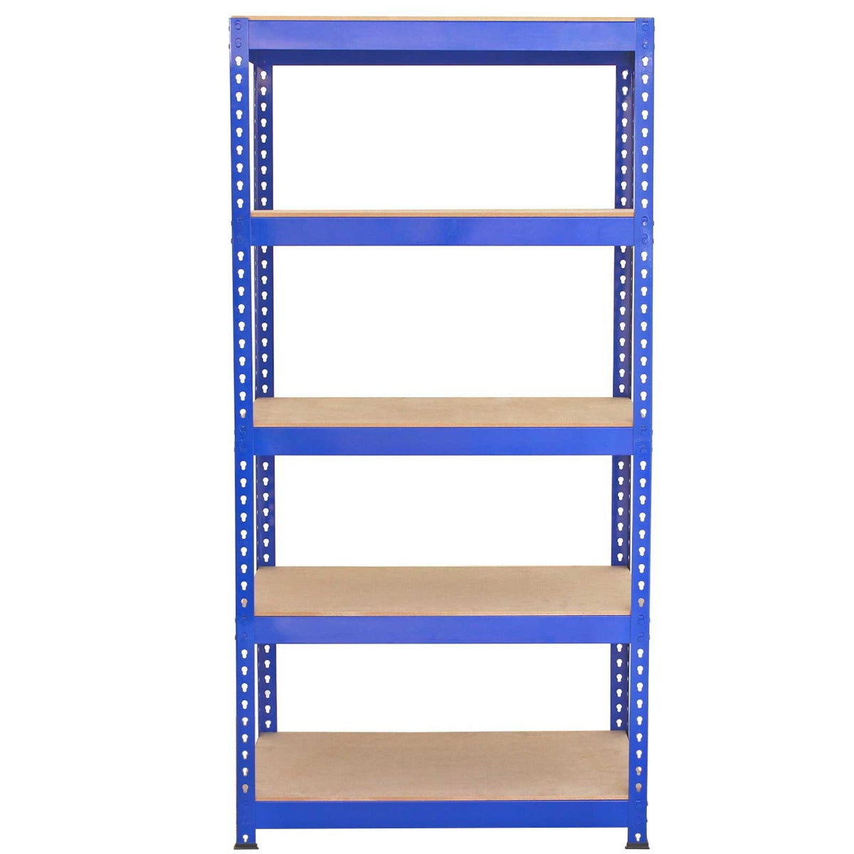 Rayonnage en acier bleu de 90 cm avec cinq étagères en bois, idéal pour le rangement dans un garage ou un atelier