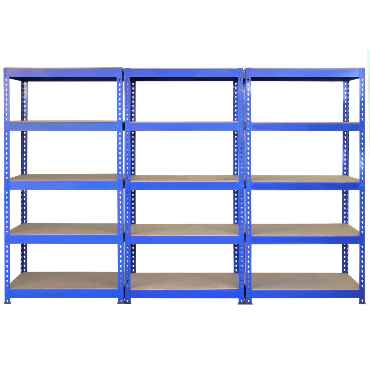 Rayonnages en acier bleu de 90 cm avec étagères robustes et un établi de travail, offrant un espace de rangement pratique et durable