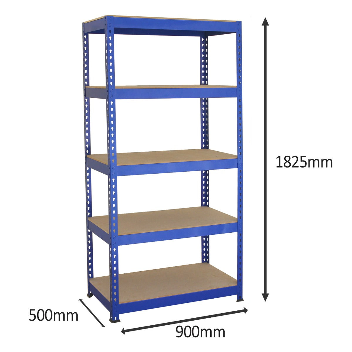 Rayonnage en acier bleu de 90 cm avec cinq étagères en bois, dimensions 1825 mm de hauteur et 500 mm de profondeur, idéal pour le rangement