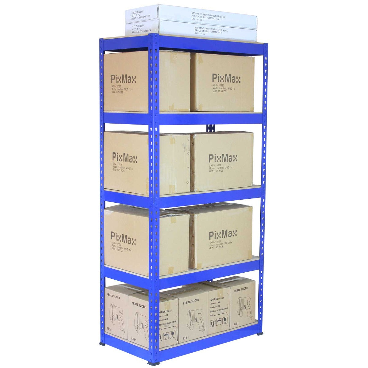 Rayonnage en acier bleu de 90 cm avec cinq étagères, portant des cartons en bois, idéal pour le rangement et l'organisation