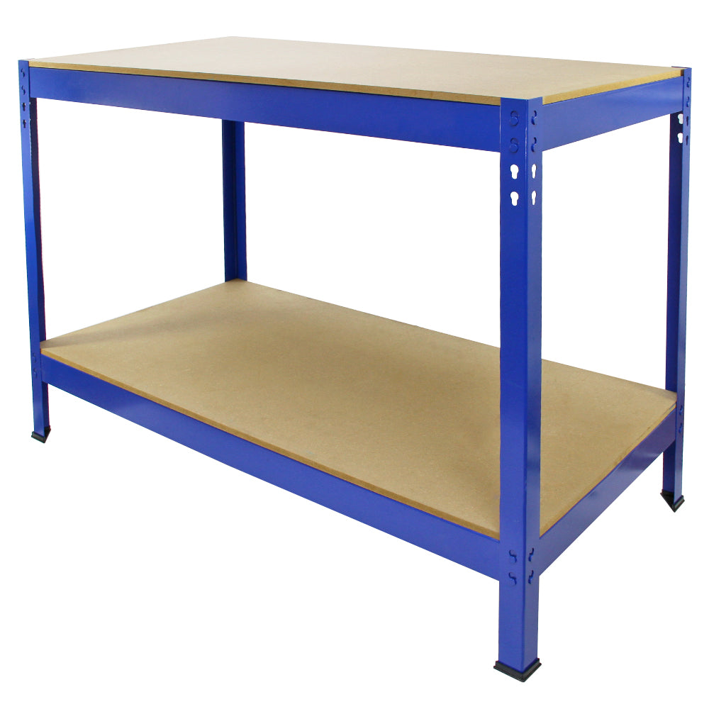 Établi de travail Q-Rax en acier bleu, avec plateau en bois MDF, offrant un design robuste et fonctionnel pour le rangement et l'organisation