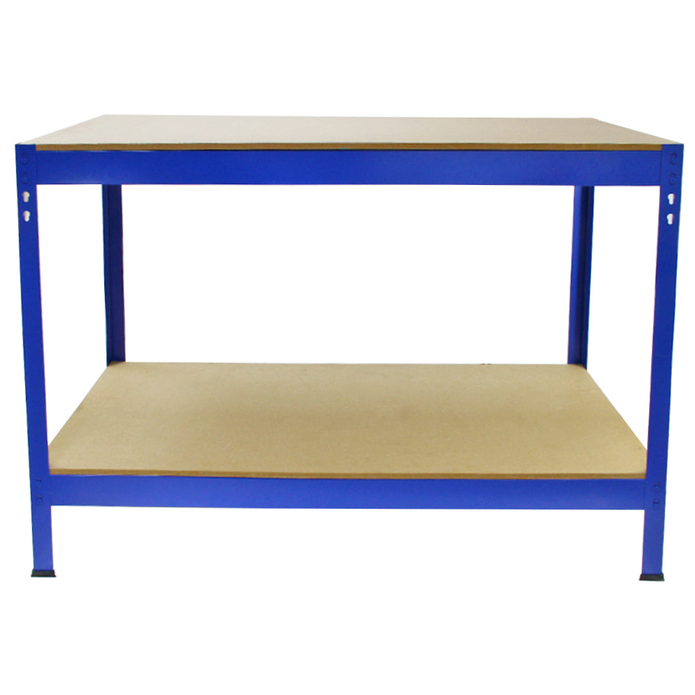 Établi de travail Q-Rax en acier bleu avec surface en bois, deux niveaux spacieux, design robuste et moderne, idéal pour le rangement et l'atelier