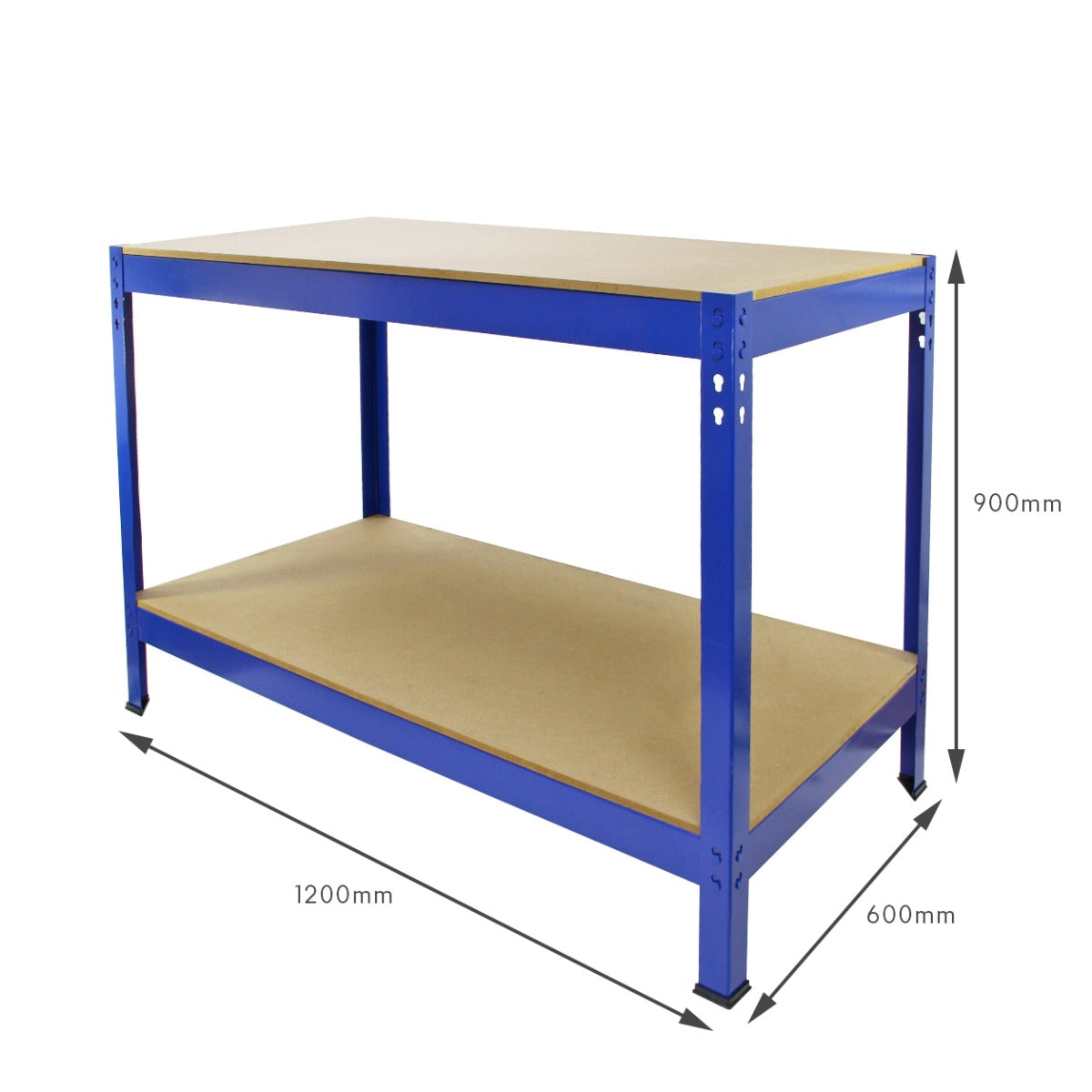 Rayonnage en acier bleu de 90 cm avec étagères en MDF, dimensions 120 cm x 60 cm x 90 cm, idéal pour le rangement et le travail