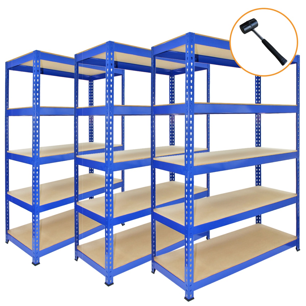 Rayonnages Q-Rax en acier bleu de 90 cm avec étagères en bois, accompagnés d'un maillet en option pour un montage facile