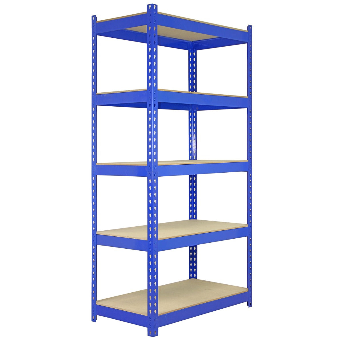 Rayonnage Q-Rax en acier bleu avec cinq étagères en bois clair, idéal pour le rangement dans les garages ou les ateliers