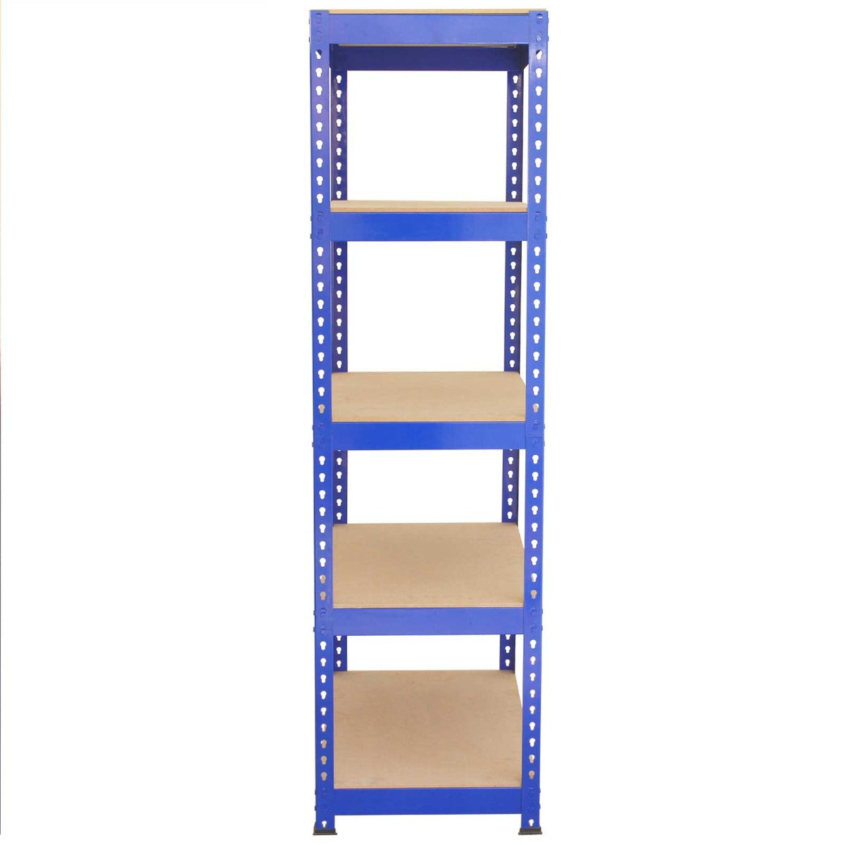 Rayonnage Q-Rax en acier bleu avec cinq étagères en bois, idéal pour le rangement et l'organisation dans les espaces de travail